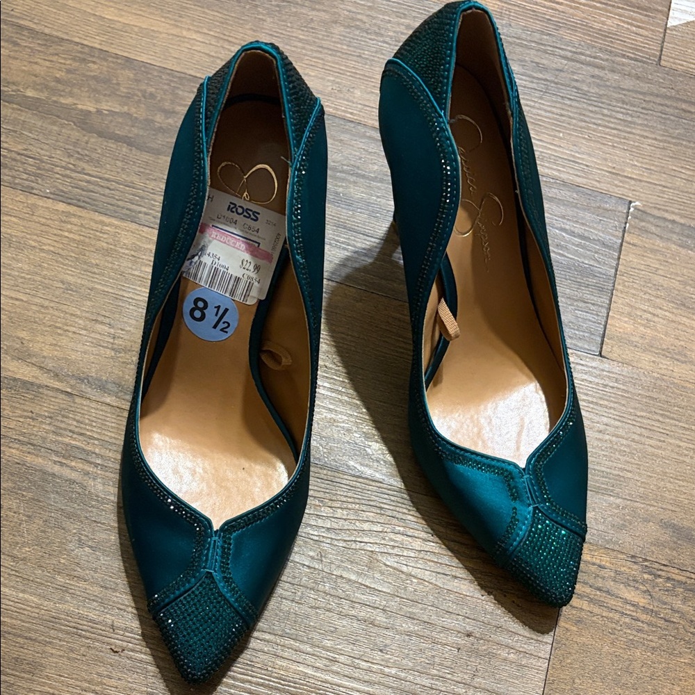 Jessica Simpson Teal Pointed Toe Pumps with Rhinestone Toe